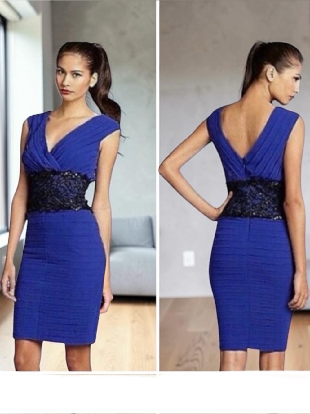 Tadashi Shoji blue chiffon layered black lace sleeveless formal dress size 10